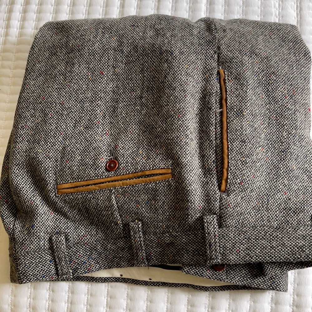 Orvis Gray, Wool Pants with tan leather accents